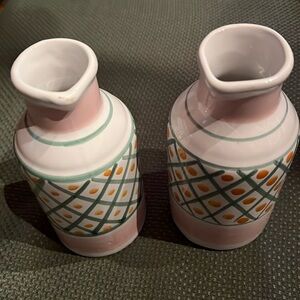 Horchow Vinegar & Oil Cruet Set. Ceramic Handmade, signed bottom. Made in Italy.